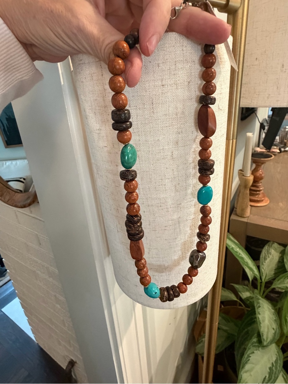 Peyote bird free spirit Boho Turquoise and Brown Beaded wood look  Necklace NWT